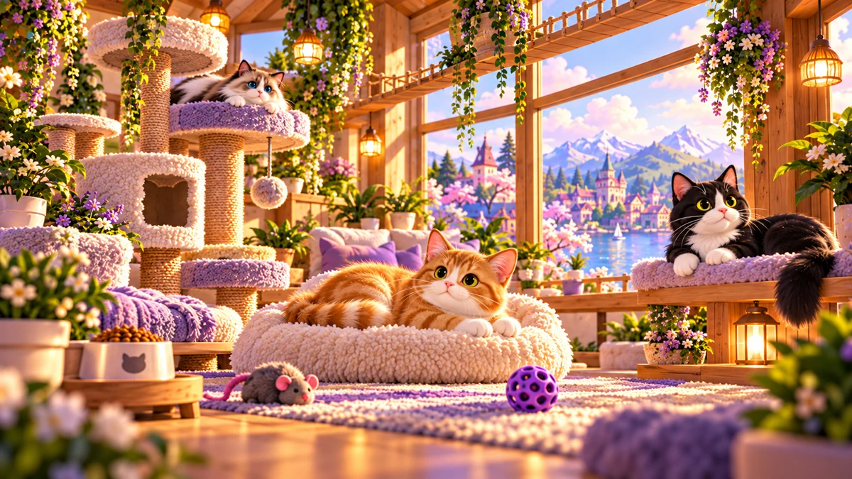 Illustrated cozy wooden cattery with plush beds and resting cats
